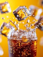 ice cube splashing into a glass of cola on a yellow background. photo