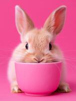 cute bunny hiding behind pink bowl on pink background. photo