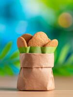 homemade brown sugar cookies in paper bag with green accents. photo
