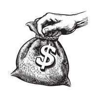 Illustration of a Hand Holding a Burlap Bag with Dollar Sign in Black and White vector