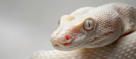 albino snake with white eyes on a light background, space for text photo