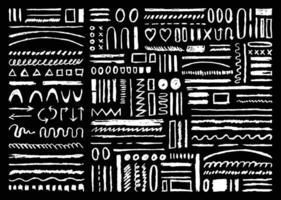 White pencil scribble element bundle. Abstract shapes strokes design set. Circle, curve, straight line, square, wavy, and zigzag brushes pack. vector