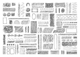 Abstract pencil scribble element bundle. Circle, wavy, straight lines, square, oval, zigzag, and rectangular shapes pen stoke. vector