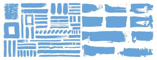 Blue paint brush strokes set. Abstract grunge ink smear and smudge element bundle. Lines and rectangular shapes stroke. vector
