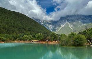 Serene mountain lake with lush greenery and cloudy sky reflection. photo