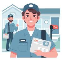 Smiling Mailman Delivering Letters in Neighborhood vector