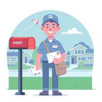 Smiling Mailman Delivering Letters in Neighborhood vector