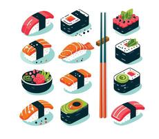 Assorted Sushi and Sashimi with Chopsticks vector