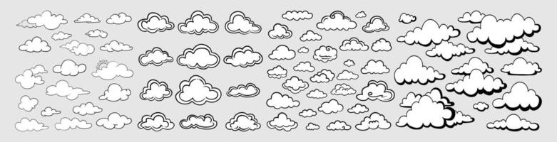 illustration of a collection of doodle clouds on a grey background. vector