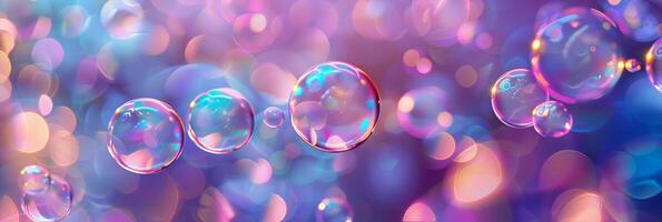 Abstract background with multiple soap bubbles in a colorful defocused bokeh. Concept of iridescent spheres, light, playful, vibrant photo