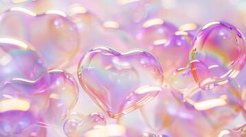 Heart-shaped transparent soap bubbles floating on a pastel blue and pink background. Concept of love, romance, art, whimsical dream. Copy space photo