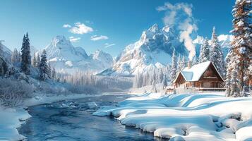 Winter landscape with frozen river and pine trees in oil painting style. Concept of cold weather, serene nature, artistic scenery. Abstract winter background. Copy space photo