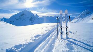 Pair of skis and poles standing upright in snowy mountains. Concept of winter sports, skiing, alpine adventure, snow-covered landscape photo
