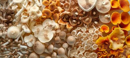 Assorted edible mushrooms spread out, highlighting diverse textures and colors. Concepts of organic food, natural ingredients, vegetarian cuisine. Autumn background. Banner. Copy space photo