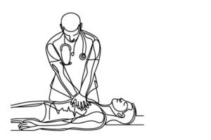 Continuous one black line drawing of CPR technique emergency and first aid class training vector