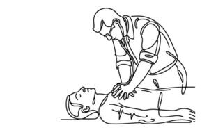 Continuous one black line drawing of CPR technique emergency and first aid class training vector
