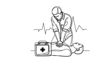 Continuous one black line drawing of CPR technique emergency and first aid class training vector