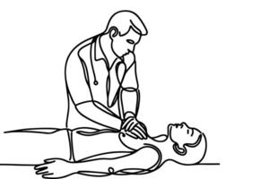 Continuous one black line drawing of CPR technique emergency and first aid class training vector