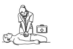 Continuous one black line drawing of CPR technique emergency and first aid class training vector