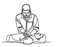 Continuous one black line drawing of CPR technique emergency and first aid class training vector