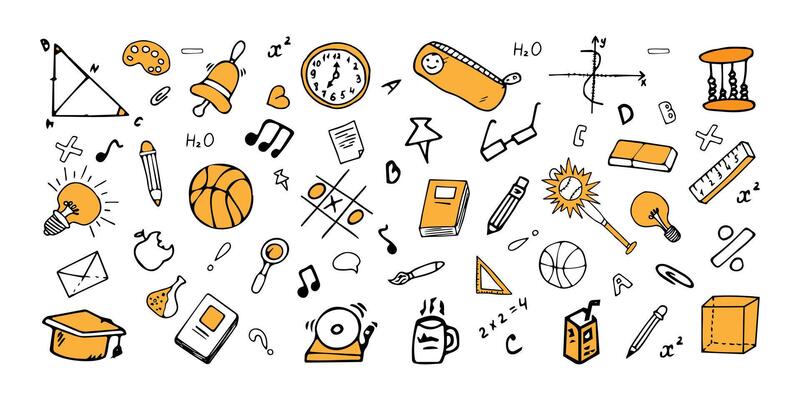 Back to School, Doodles. Set Office Supplies. Collection of Education Elements. Illustration Hand Drawn, Book, Clock, Cube, Bulb, Basketball, Book, pen, notes, Brush, Magnifying glass.