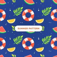 pattern with assets summer holiday, A blue background with a pattern of fruit and a life preserver vector