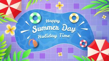 Happy Summer Day Greeting card, A blue background with a bunch of fruit and a sign that says Happy Summer Day Holiday Time vector