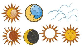Set of sun, moon, stars, clouds, constellations and esoteric symbols. Alchemy mystical magic elements in colorful doodle vintage drawing style. vector
