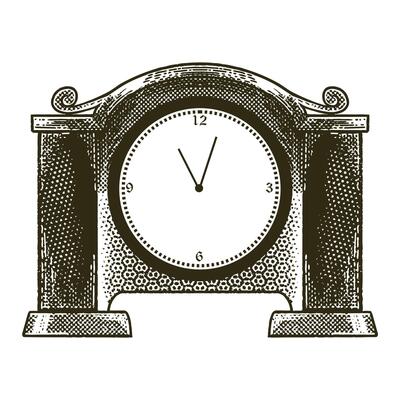 Hand drawn of wall clock and watch. illustration in black and white in doodle vintage drawing style.