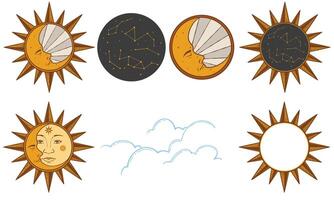 Set of sun, moon, stars, clouds, constellations and esoteric symbols. Alchemy mystical magic elements in colorful doodle vintage drawing style. vector