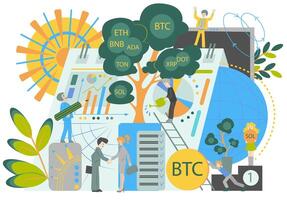 Flat illustration with cryptocurrency marketplace and trading business people. Blockchain technology and crypto coin growth concept. Bitcoin and Financial Investment Experts discovering profit vector