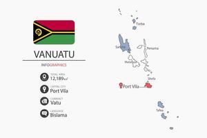 Vanuatu map infographic elements with flag of city. Separate of heading is total areas, Currency, Language and the capital city in this country. vector