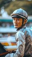 Asian male jockey in black racing uniform riding a horse. Concept of professional horse racing, jockey sport, competitive equestrian, race day. Vertical photo