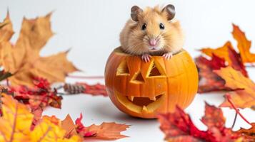Cute hamster inside a carved pumpkin surrounded by autumn leaves. Concept of seasonal pet photography, fall decor, Halloween fun, jack-o-lantern photo