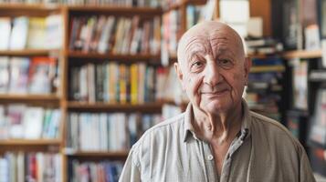 Elderly Caucasian man in a library with bookshelves in the background. Concept of senior education, learning, wisdom, knowledge acquisition. Copy space photo