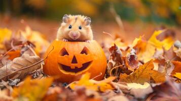 Cute hamster inside a carved pumpkin with autumn leaves. Concept of pet, Halloween, fall season, nature, jack-o-lantern photo
