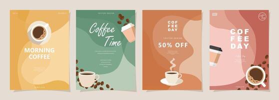 Set of minimal background templates with coffee beans and coffee mug for invitations, cards, banner, brochure, poster, cover, cafe menu or another design. vector