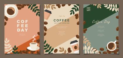 Set of sketch banners with coffee beans and leaves on minimal background for invitations, cards, banner, poster, cover, cafe menu or another template design. vector