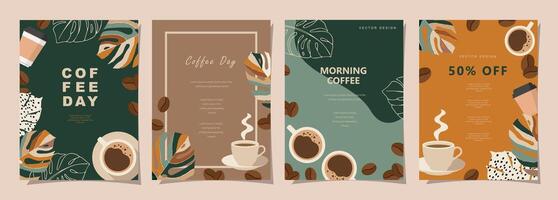 Set of sketch banners with coffee beans and leaves on minimal background for invitations, cards, banner, poster, cover, cafe menu or another template design. vector