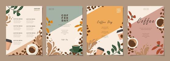 Set of sketch banners with coffee beans and leaves on minimal background for invitations, cards, banner, poster, cover, cafe menu or another template design. vector