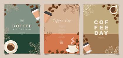 Set of sketch banners with coffee beans and leaves on minimal background for invitations, cards, banner, poster, cover, cafe menu or another template design. vector