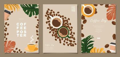 Set of sketch banners with coffee beans and leaves on minimal background for invitations, cards, banner, poster, cover, cafe menu or another template design. vector