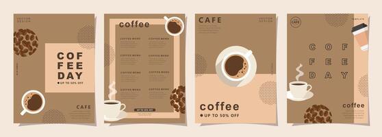 Set of minimal background templates with coffee beans and coffee mug for invitations, cards, banner, brochure, poster, cover, cafe menu or another design. vector