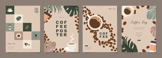 Set of sketch banners with coffee beans and leaves on minimal background for invitations, cards, banner, poster, cover, cafe menu or another template design. vector