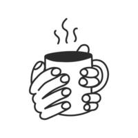 Mug with steam in two hands line doodle icon vector