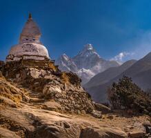 Prayer flages blow in the wind with Mount Everest and Lhotse in the background photo