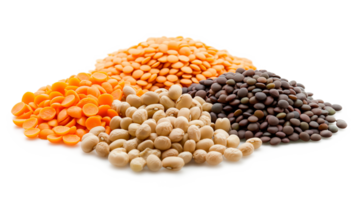Flat lay the assortment of peas, lentils and legumes isolated on a transparent background png