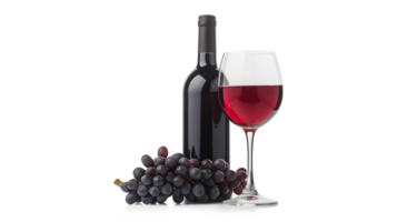Glass of red wine with a bottle and a cluster of black grapes isolated on a transparent background png
