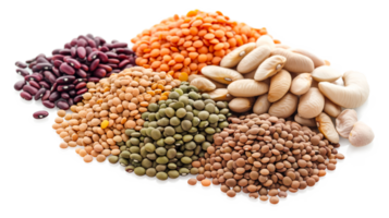 Flat lay the assortment of peas, lentils and legumes isolated on a transparent background png