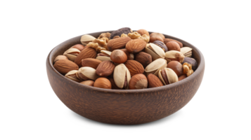 Almonds pistachios hazelnuts and round nuts in bowl isolated on a transparent background png